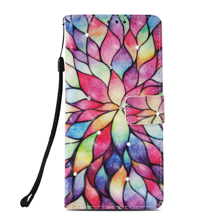 Patterned Diamante Leather Shell [with Wrist Strap] for iPhone XS / X 5.8 inch - Colorful Petals-2