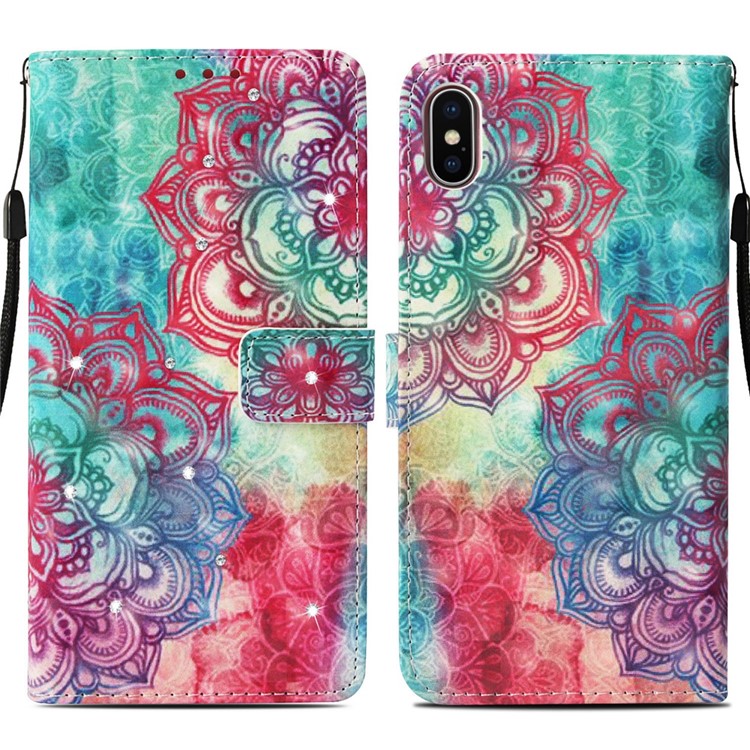 Patterned Leather Case for iPhone XS / X 5.8 inch (Light Spot Decor) (Rhinestone Decor) (Wallet Stand) (Strap) - Mandala Flower-3