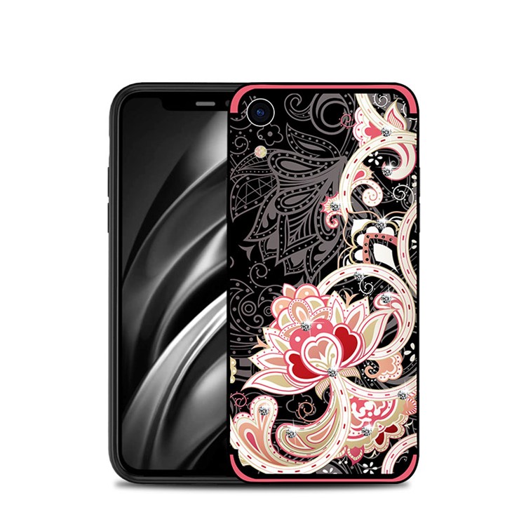 NXE Unique Series TPU Case for iPhone XR 6.1 inch / Flower Pattern Printing / Rhinestone Decor - Red-1