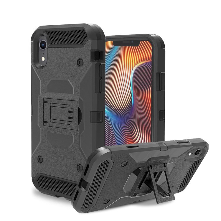 Carbon Fiber Texture Belt Clip Kickstand PC TPU Hybrid Cover Holster Case for iPhone iPhone XR 6.1 inch-2