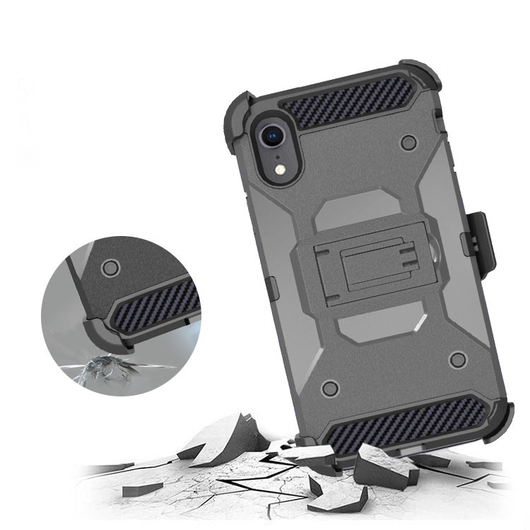 Carbon Fiber Texture Belt Clip Kickstand PC TPU Hybrid Cover Holster Case for iPhone iPhone XR 6.1 inch-3