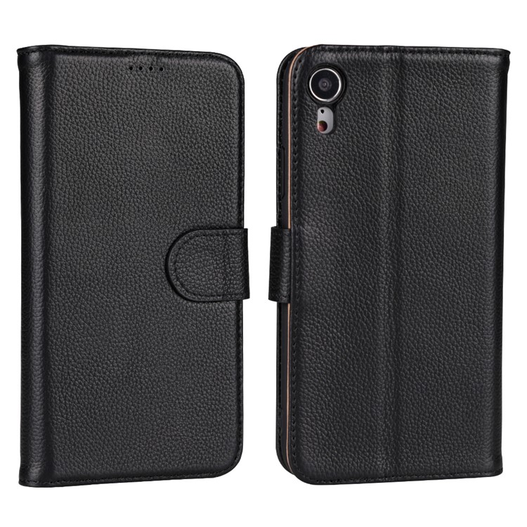 

For iPhone XR 6.1 inch Litchi Texture Genuine Leather Wallet Stand Casing - Black, iPhone XR