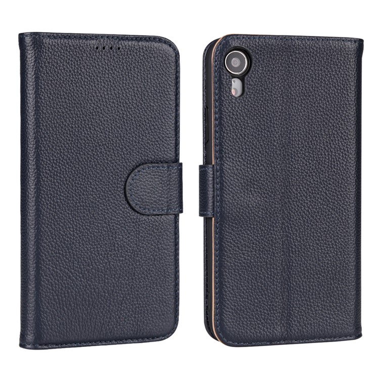 

Litchi Texture Genuine Leather Wallet Stand Cellphone Casing for iPhone XR 6.1 inch - Blue, iPhone XR