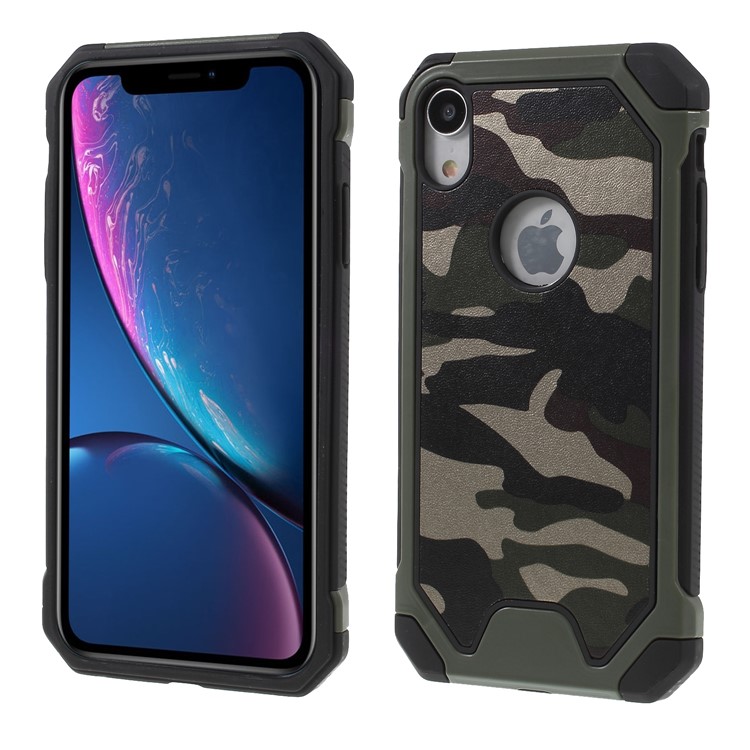 

Для Iphone XR 6.1-дюймовый Камуфляж С Кожаным Покрытием PC TPU Ударопрочный Чехол Для Телефона - Зеленый, iPhone XR 6.1 inch