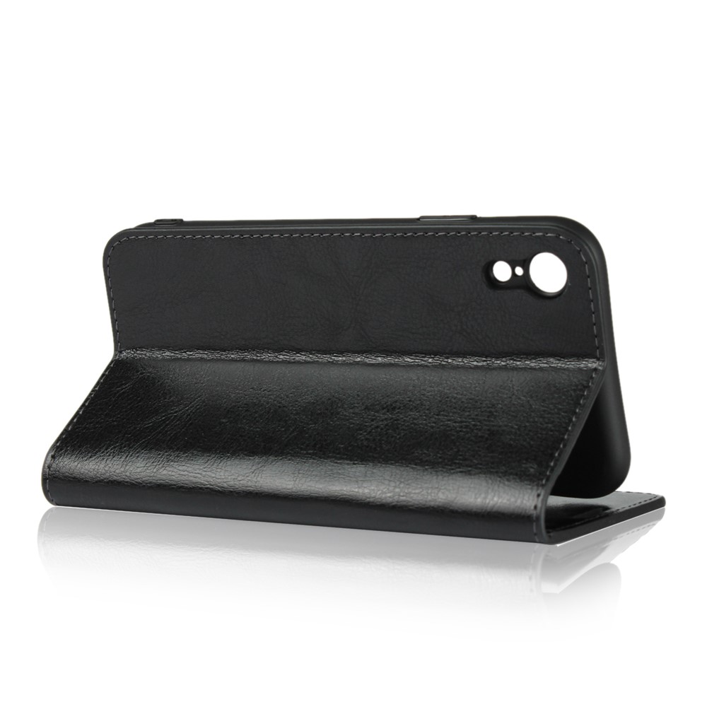 Crazy Horse Texture Genuine Leather Cover for iPhone XR 6.1 inch, Shockproof TPU Wallet Viewing Stand Flip Phone Case - Black