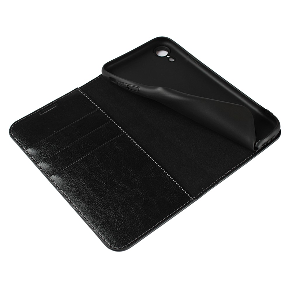 Crazy Horse Texture Genuine Leather Cover for iPhone XR 6.1 inch, Shockproof TPU Wallet Viewing Stand Flip Phone Case - Black