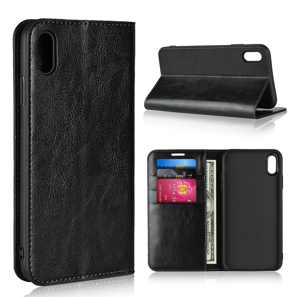 For iPhone XS Max 6.5 inch Crazy Horse Genuine Leather Wallet Case with Stand - Black-1