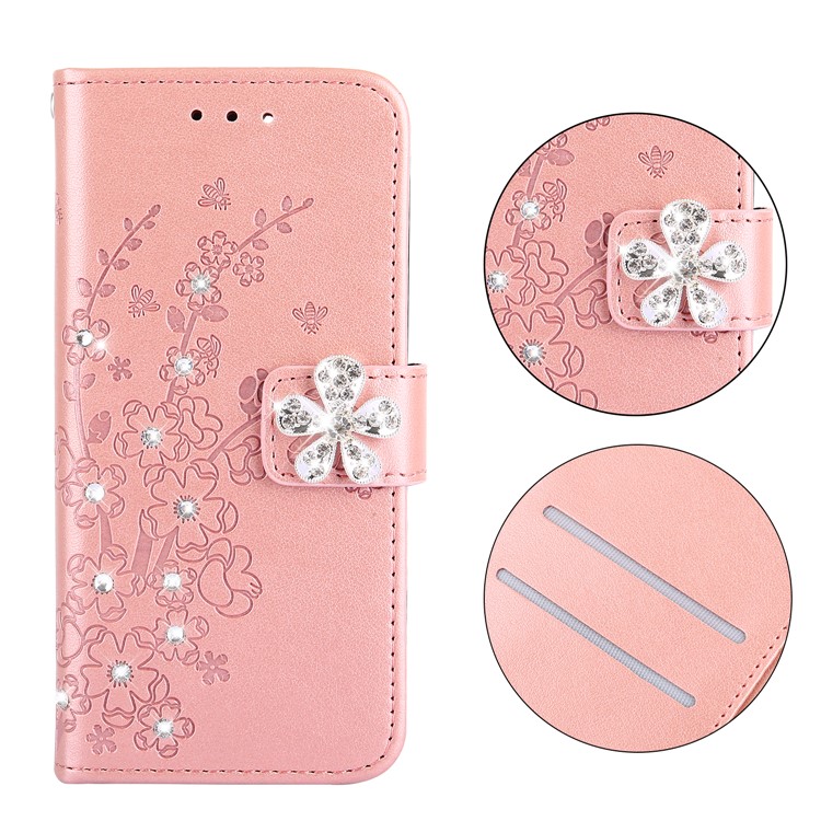 Imprint Flower Rhinestone Wallet Leather Stand Case for iPhone XR 6.1 inch - Rose Gold-1