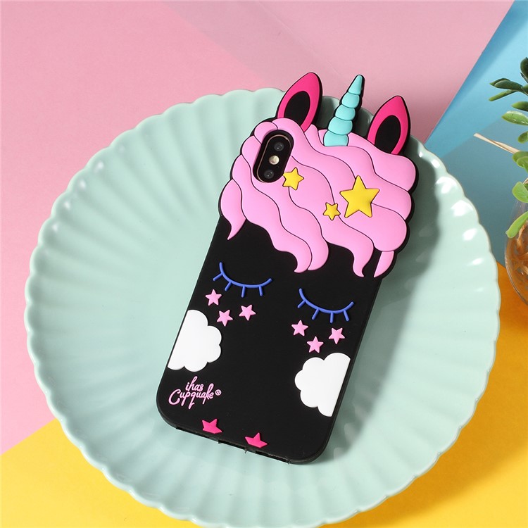

3D Unicorn Pattern Silicone Back Cover for iPhone XS/X - Black, iPhone Xs