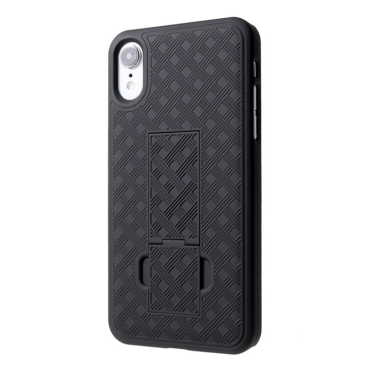 Grid Pattern Plastic Belt Clip Kickstand Holster Phone Shell for iPhone XR 6.1 inch - Black-6