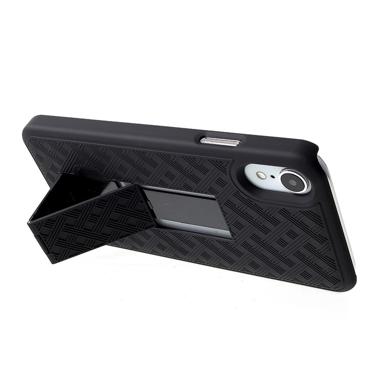 Grid Pattern Plastic Belt Clip Kickstand Holster Phone Shell for iPhone XR 6.1 inch - Black-8