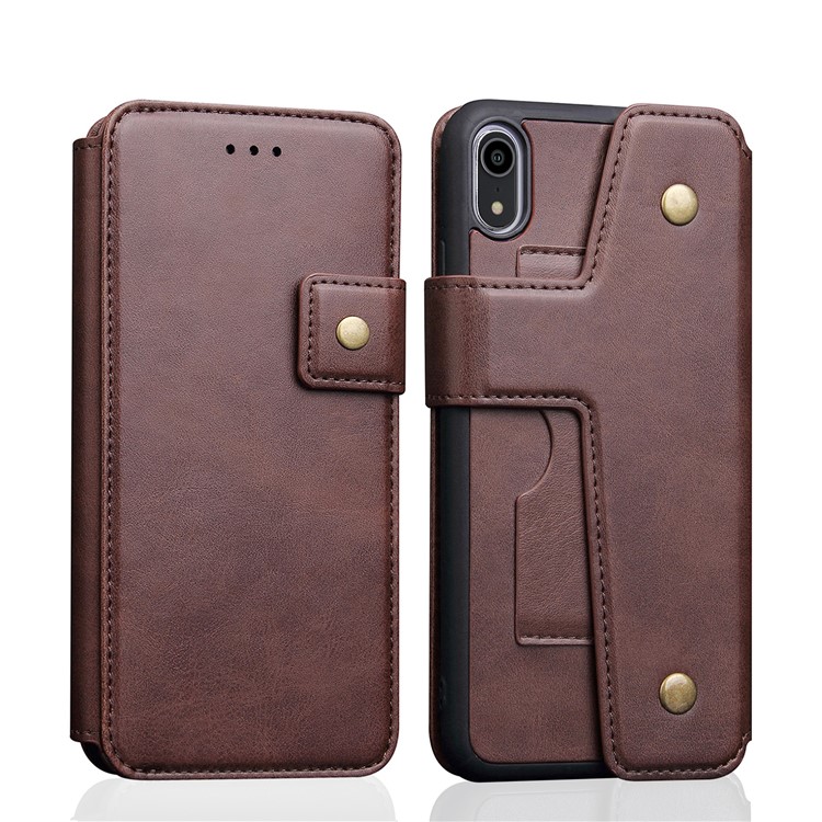 

For iPhone XR 6.1 inch Mobile Case with Card Holders, Detachable 2-in-1, Built-in Magnetic Holder Metal Sheet - Coffee, iPhone XR