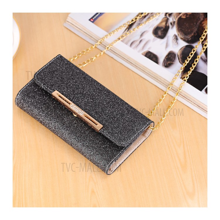 Flash Powder Leather Wallet Case + Removable TPU Back Shell with Metal Chain for iPhone XR 6.1 inch - Black-10