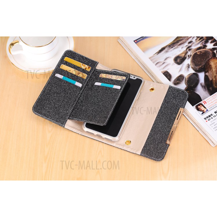 Flash Powder Leather Wallet Case + Removable TPU Back Shell with Metal Chain for iPhone XR 6.1 inch - Black-8