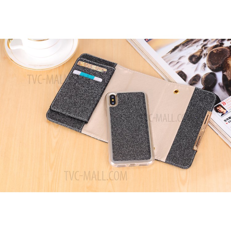 Flash Powder Leather Wallet Case + Removable TPU Back Shell with Metal Chain for iPhone XR 6.1 inch - Black-9