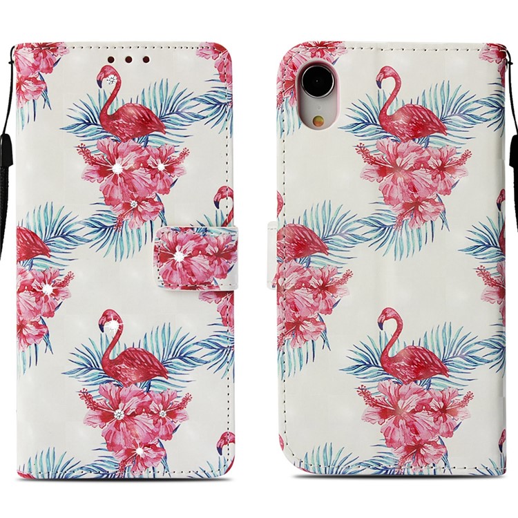 For iPhone XR 6.1 inch Pattern Printing Rhinestone Decor Wallet Stand Leather Phone Case - Flamingo Flower-3