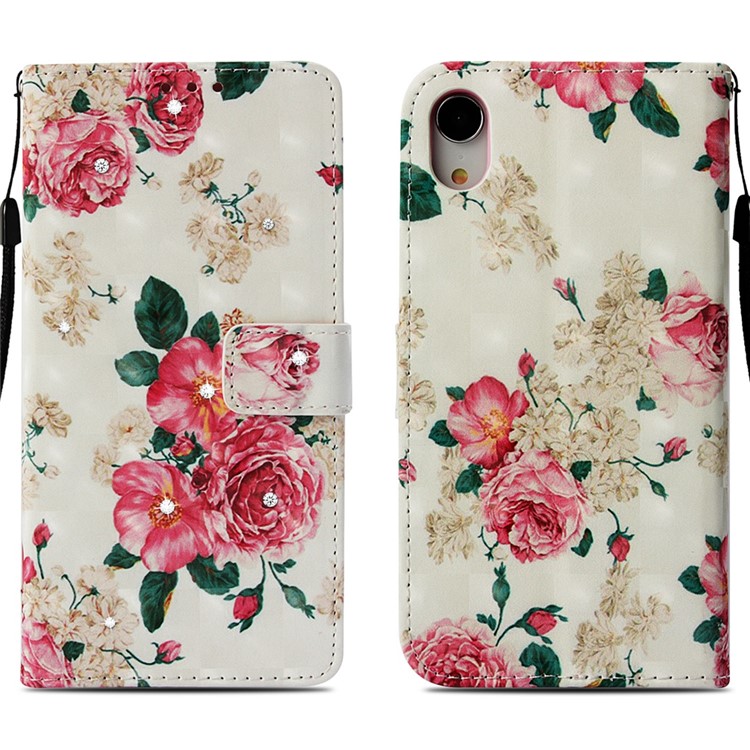 Rhinestone Decor Pattern Printing Wallet Leather Casing with Strap for iPhone XR 6.1 inch - Vivid Flower-3