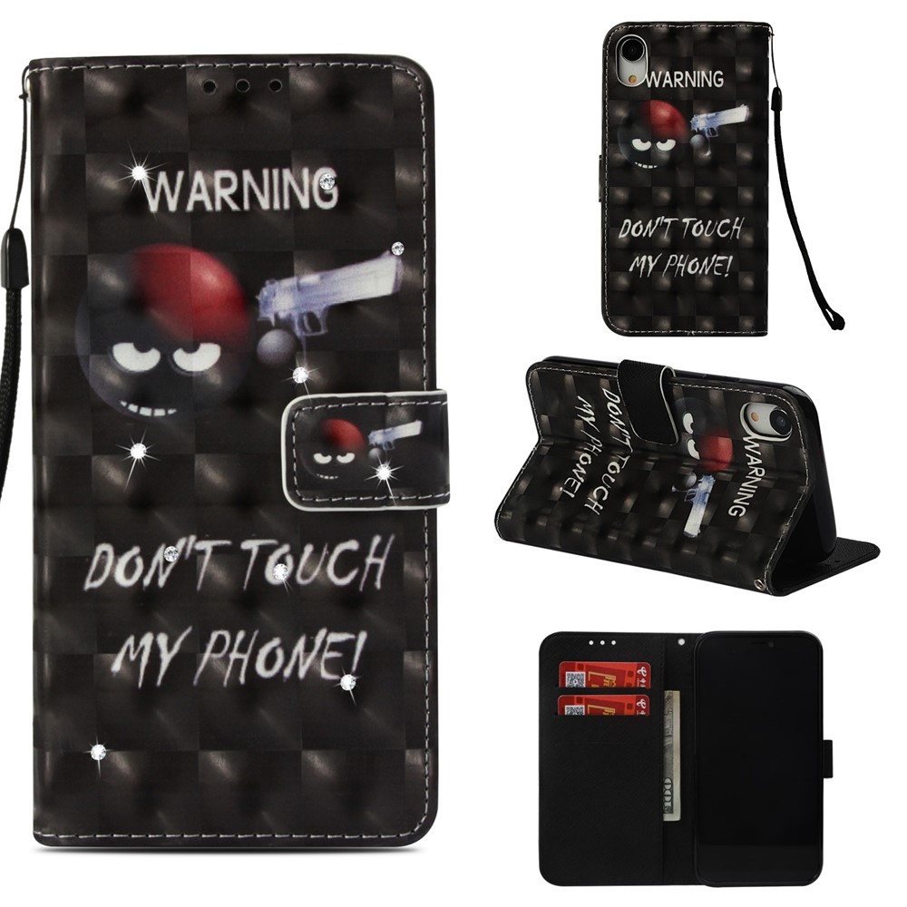 Pattern Printing Rhinestone Decor Leather Wallet Casing for iPhone XR 6.1 inch - Warning Words