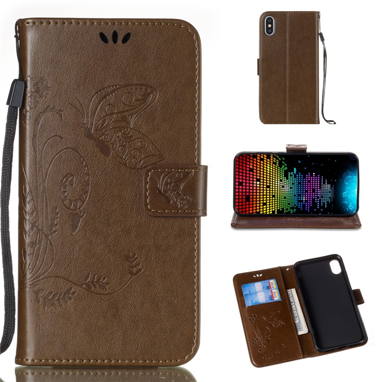 

Imprint Butterfly Flower Cell Phone Leather Wallet Case for iPhone XS Max 6.5 inch - Brown, iPhone XS Max