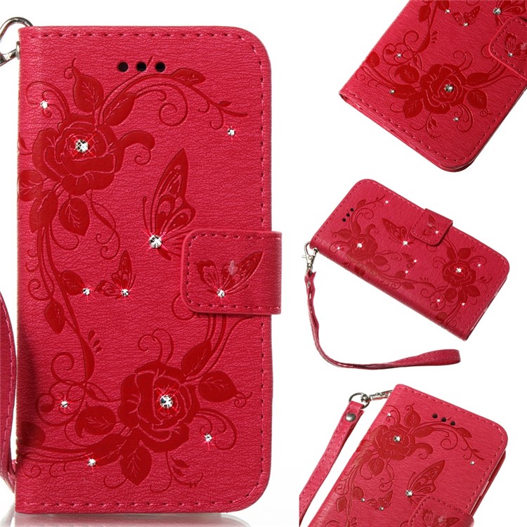 

Запечатанная Крышка Бумажника Кожи Rhinestone Цветка Бабочки Для Iphone XS / X 5.8 Inch - Роза, iPhone Xs