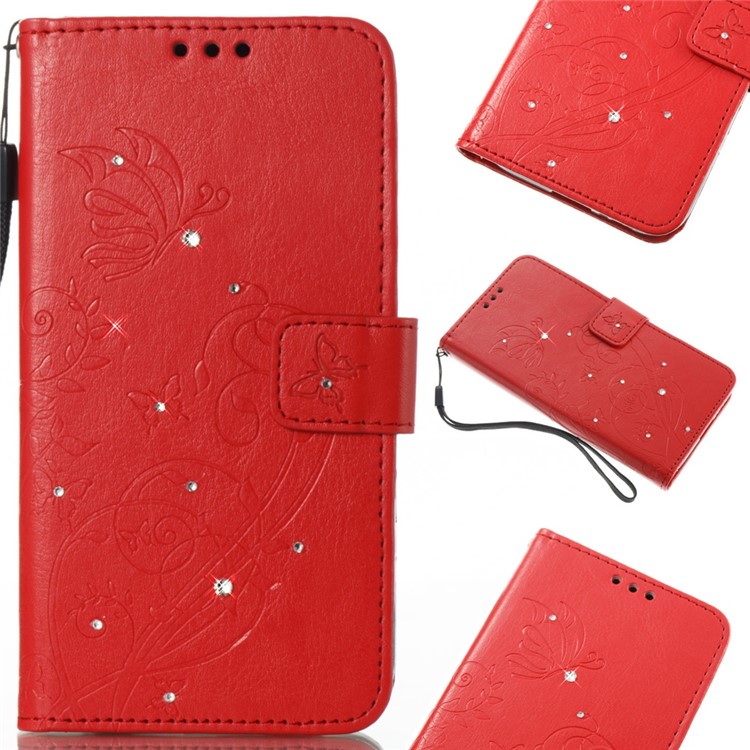 

кожаный чехол для iphone XS / X 5.8 inch / Запечатленные Цветы / Декор Горного Хрусталя / Бумажник / Стоять - Красный, iPhone Xs