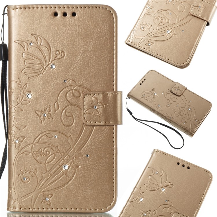 

Кожаный Чехол Для Iphone XS / X 5.8 Inch / Запечатленные Цветы / Декор Горного Хрусталя / Бумажник / Стоять - Золото, iPhone Xs