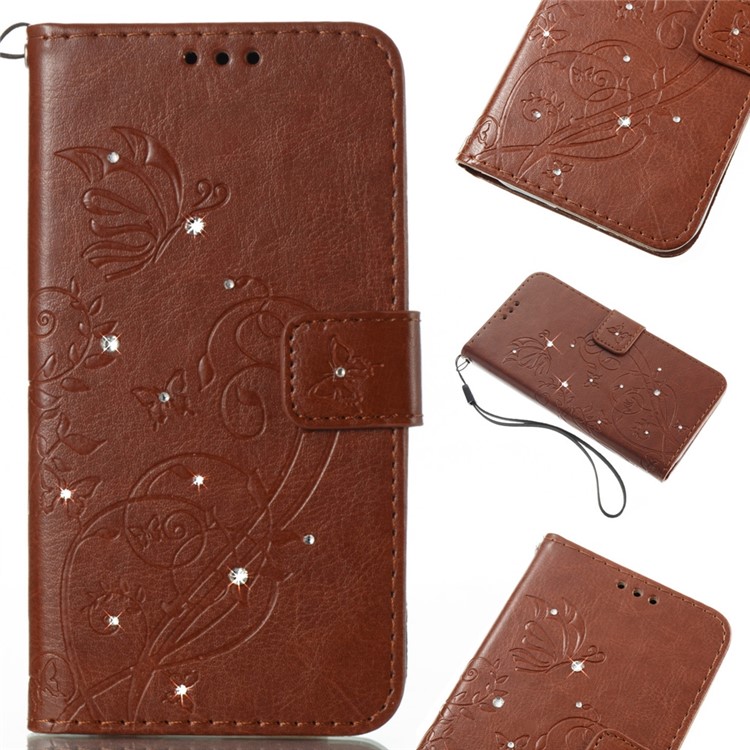 

Leather Cell Phone Cover for iPhone XS/X 5.8 inch / Imprinted Flowers / Rhinestone Decor / Wallet / Stand - Brown, iPhone Xs