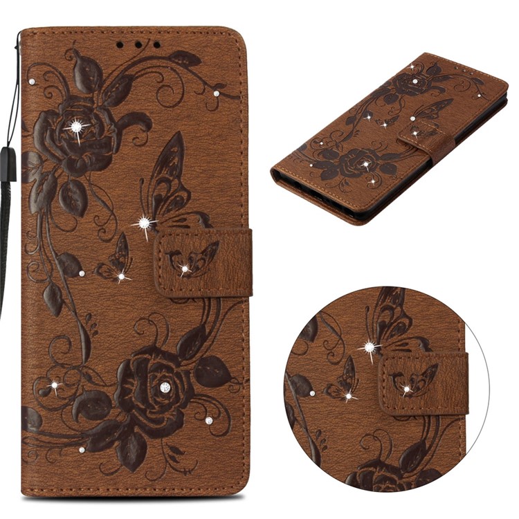Rhinestone декор цветок бабочка отпечатанный стенд кожаный чехол с талрепом для iphone xs max 6.5 inch - коричневый