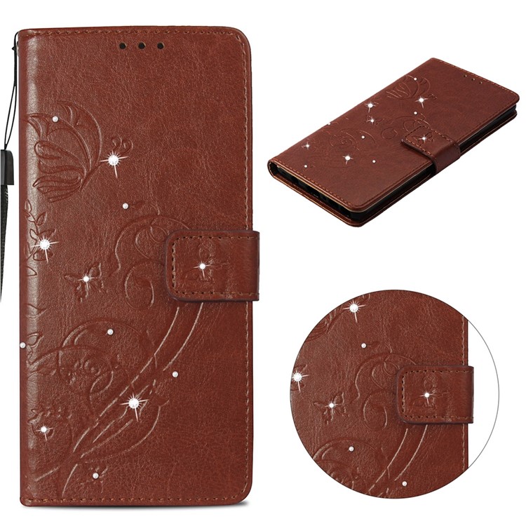 

Imprinted Flowers Rhinestone Decor Wallet Stand Leather Cover for iPhone XS Max 6.5 inch - Brown, iPhone XS Max