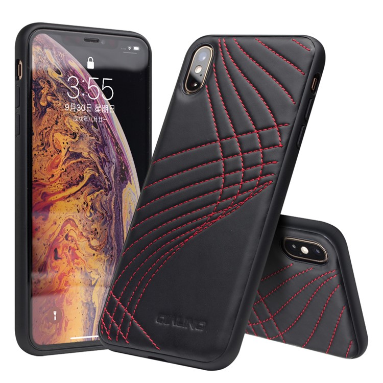 QIALINO pour iphone XS / X 5.8 Pouces En Cuir Véritable Recouvert De Plastique + Couverture Hybride TPU - Couture Rouge-1