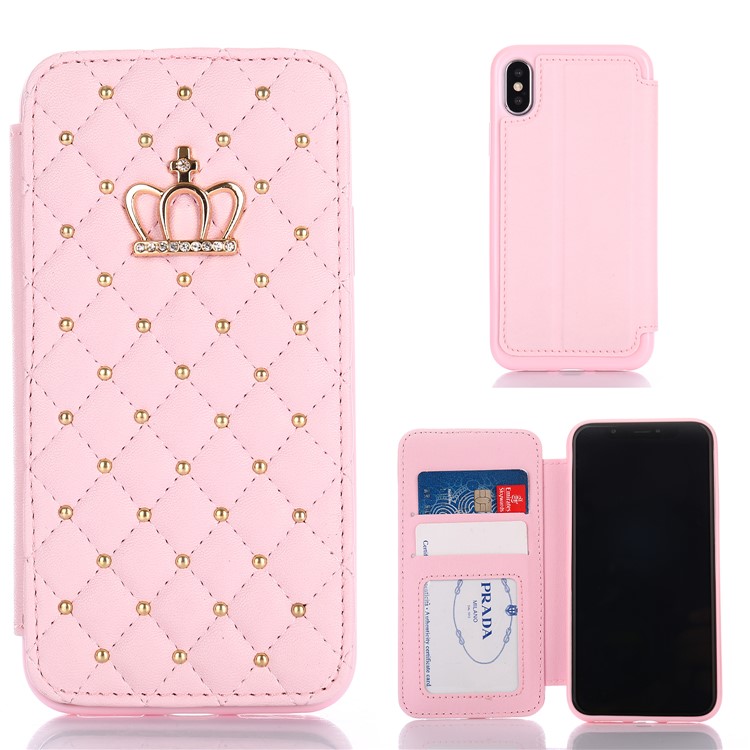 

For iPhone XS 5.8 inch Leather Phone Casing [Crown Decor] [Grid Pattern] [Card Slots] [Stand] - Pink, iPhone XS 5.8 inch