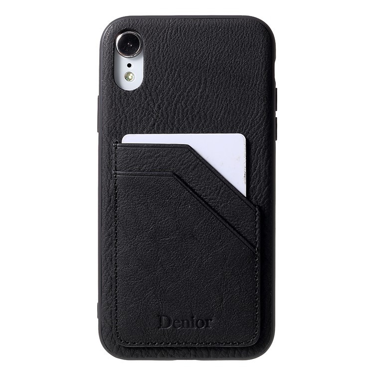 DENIOR Genuine Leather Skin TPU Card Holder Phone Case for iPhone XR 6.1 inch - Black-2