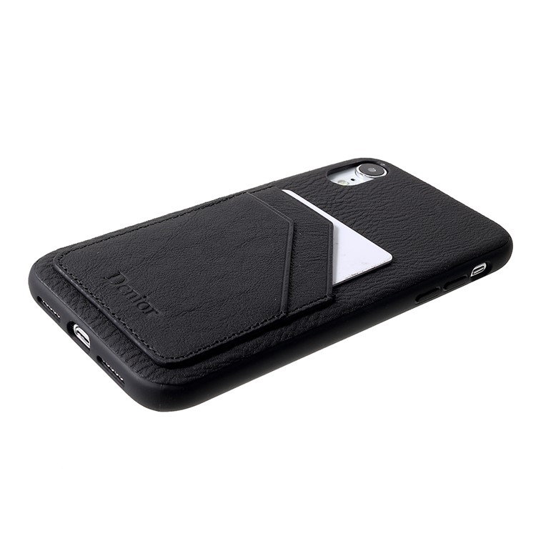 DENIOR Genuine Leather Skin TPU Card Holder Phone Case for iPhone XR 6.1 inch - Black-3