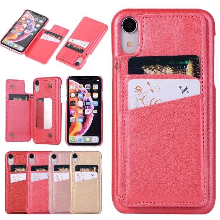 

Card Holder PU Leather Coated PC Mobile Phone Cover with Mirror for iPhone XR 6.1 inch - Rose, iPhone XR