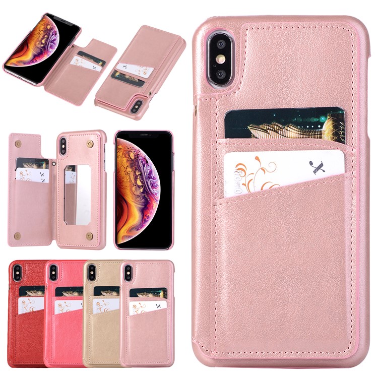 

Card Holder PU Leather Coated PC Mobile Phone Shell with Mirror for iPhone XS Max 6.5 inch - Rose Gold, iPhone XS Max