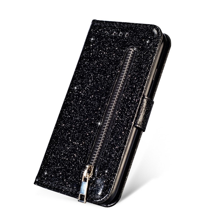 Flash Powder Zippered Stand Leather Wallet Case with Strap for iPhone XS Max 6.5 inch - Black-4