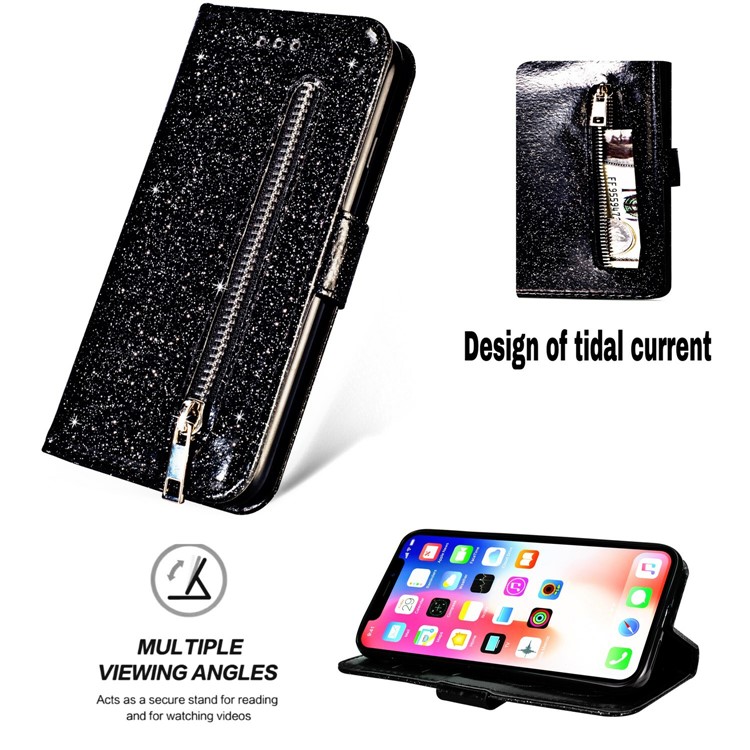 Flash Powder Zippered Stand Leather Wallet Case with Strap for iPhone XS Max 6.5 inch - Black-6