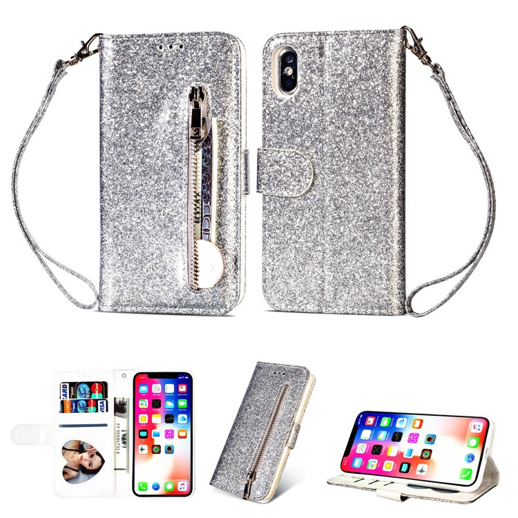 

Flash Powder Zippered Stand Leather Wallet Case with Strap for iPhone XS 5.8 inch - Silver, iPhone Xs