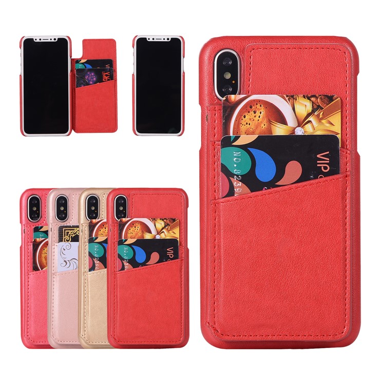 Card Holder PU Leather Coated PC Mobile Phone Casing with Mirror for iPhone XS/X 5.8 inch - Red-1