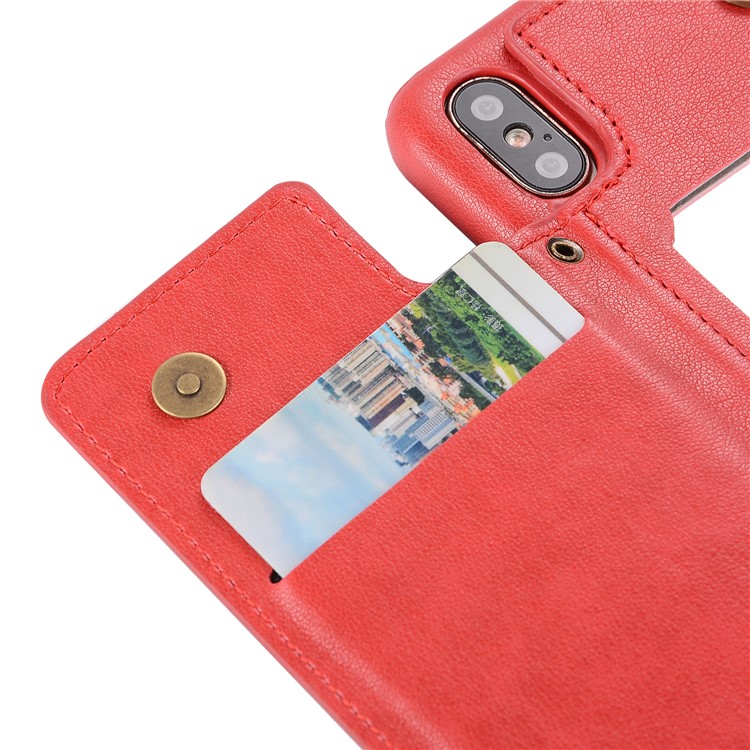 Card Holder PU Leather Coated PC Mobile Phone Casing with Mirror for iPhone XS/X 5.8 inch - Red-10