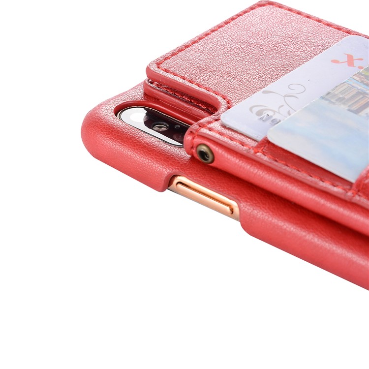 Card Holder PU Leather Coated PC Mobile Phone Casing with Mirror for iPhone XS/X 5.8 inch - Red-8