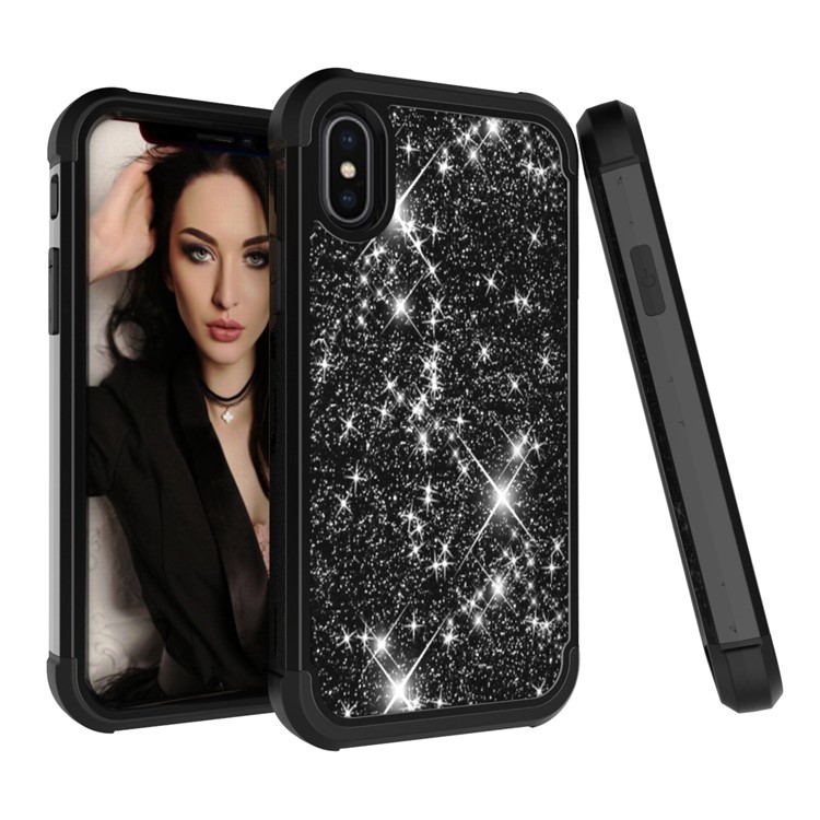 Hybrid Case for iPhone XS Max 6.5 inch Glitter Powder Coated PC Silicone Shockproof Cover - All Black-1