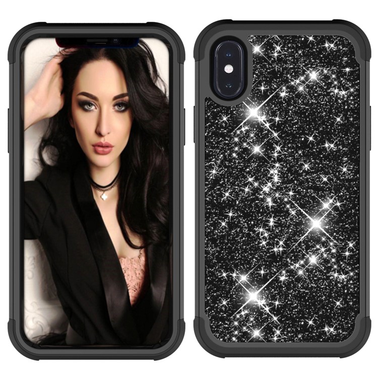 Hybrid Case for iPhone XS Max 6.5 inch Glitter Powder Coated PC Silicone Shockproof Cover - All Black-5