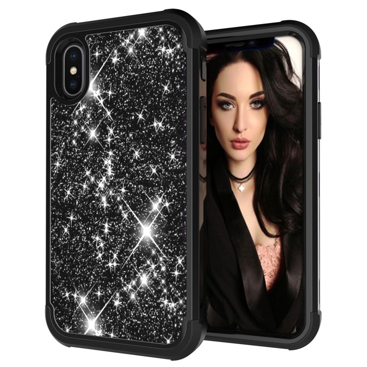 Hybrid Case for iPhone XS Max 6.5 inch Glitter Powder Coated PC Silicone Shockproof Cover - All Black-6