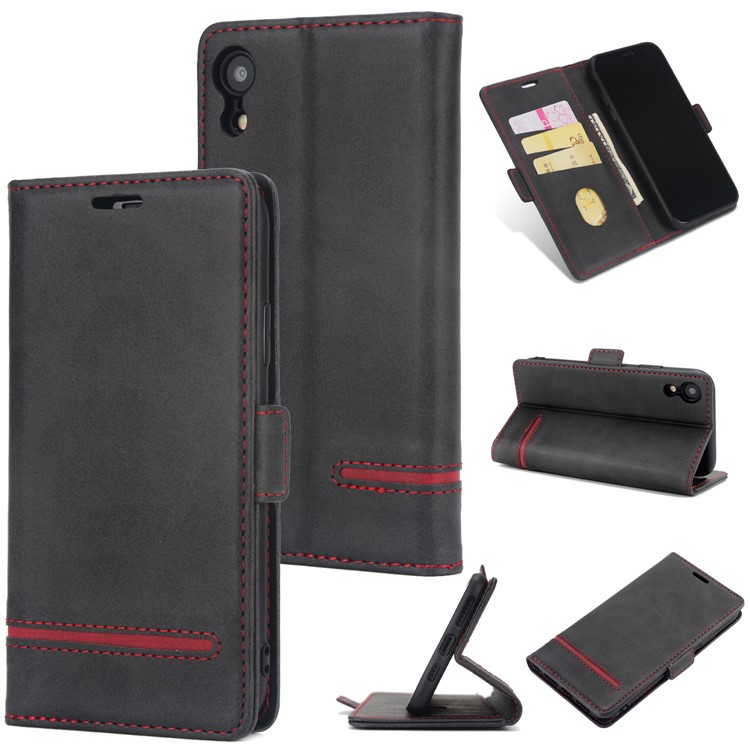 Business Style Splicing Leather Case Wallet Magnetic Cover for iPhone XR 6.1 inch - Black-1