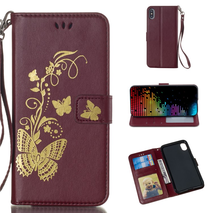 

Lacquered Butterflies Leather Wallet Protective Shell for iPhone XS/X 5.8 inch [with Strap] - Wine Red, iPhone Xs