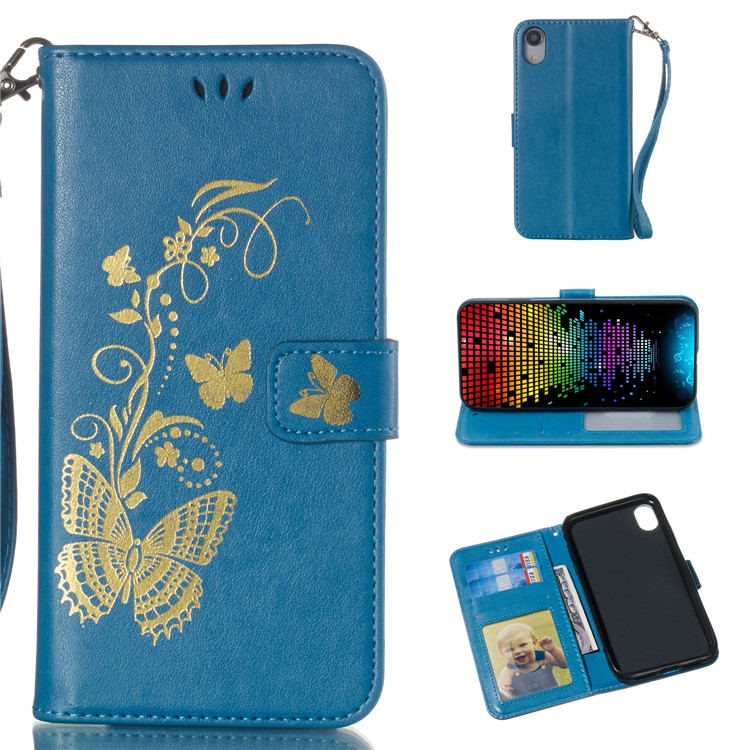 

For iPhone XR 6.1 inch Lacquered Butterfly Folio Leather Cell Phone Case - Blue, iPhone XR