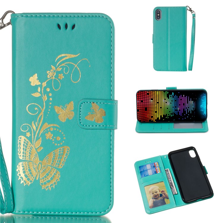 

Lacquered Butterfly Leather Wallet Mobile Casing for iPhone XS Max 6.5 inch - Cyan, iPhone XS Max