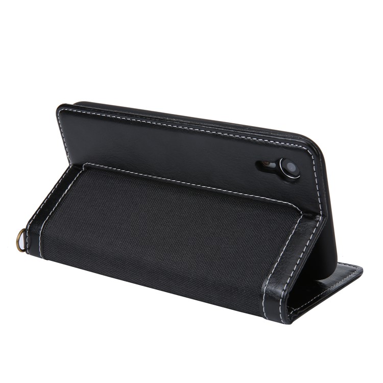 CMAI2 Jeans Cloth PU Leather Wallet Case with Hand Strap for iPhone XR 6.1 inch - Black-11