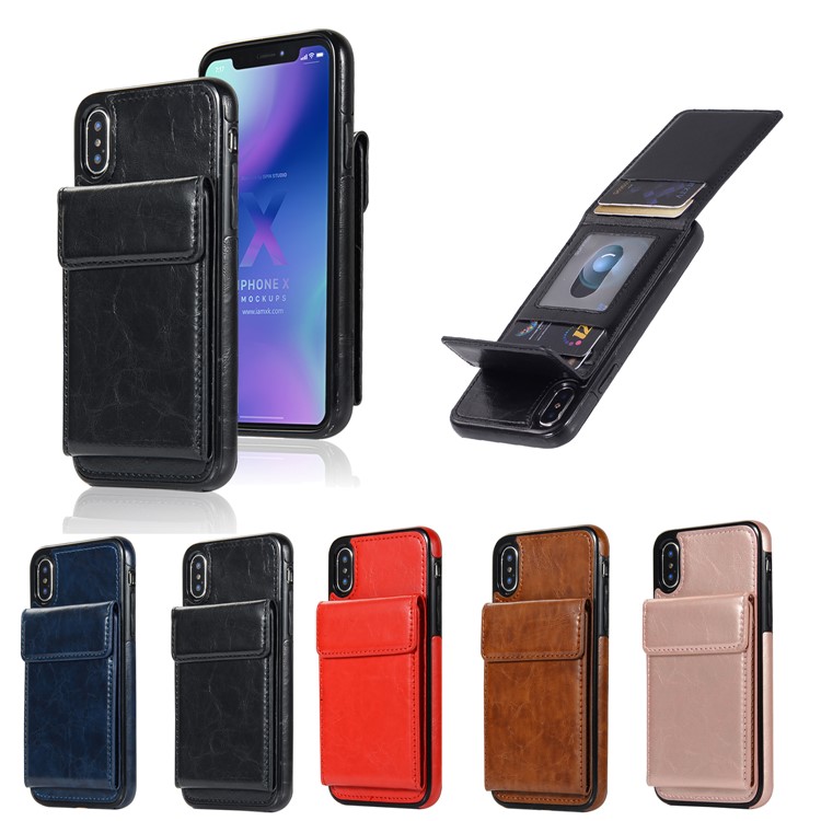 Oil Buffed Crazy Horse PU leather Coated TPU Card Holder Back Shell with Kickstand for iPhone XS/X 5.8 inch - Black-9